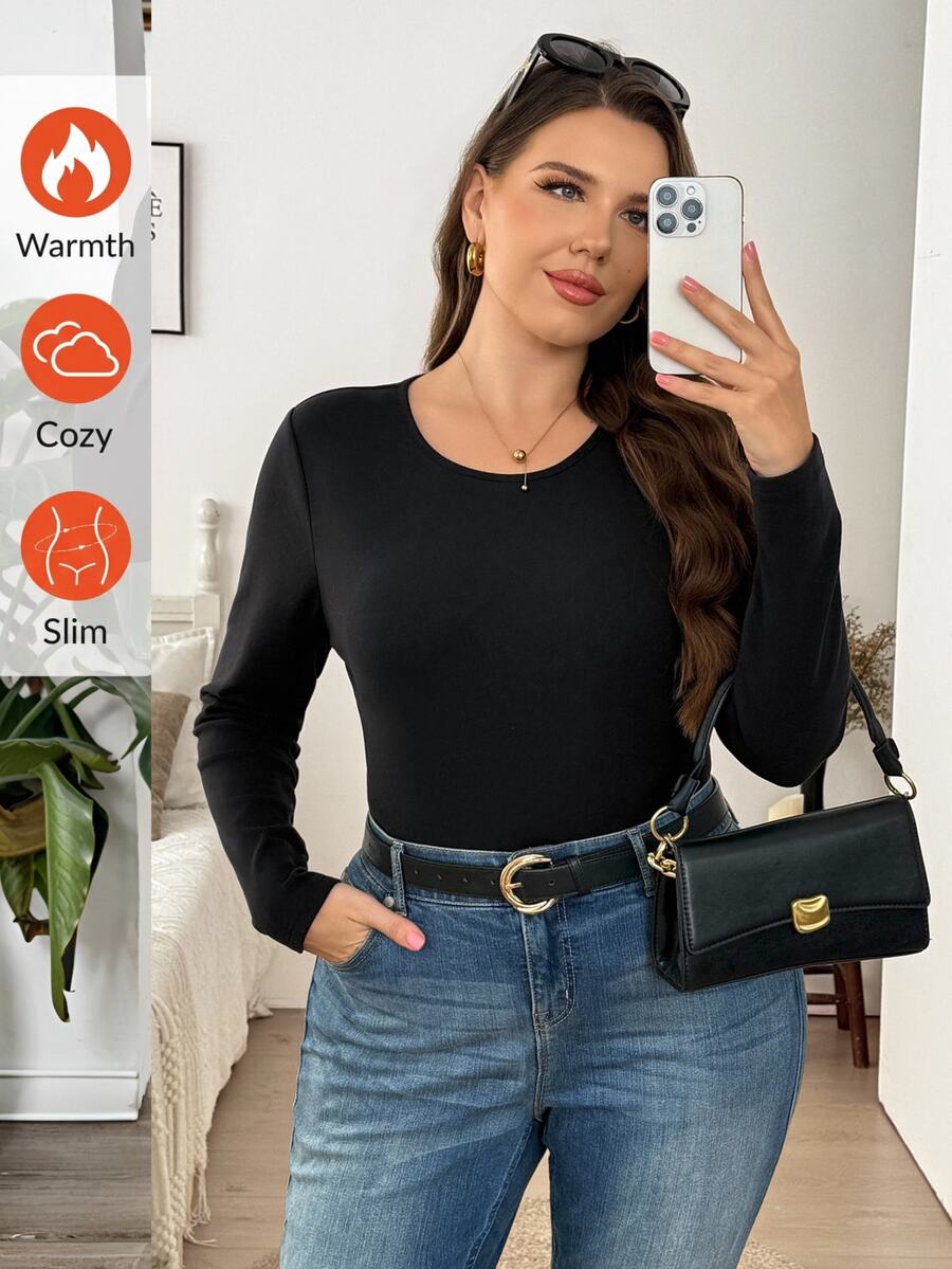 Easowa Curve Plus Size Women Solid Color Round Neck Long Sleeve Casual Versatile T-Shirt Winter - Black - View 1