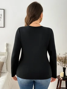 Easowa Curve Plus Size Women Solid Color Round Neck Long Sleeve Casual Versatile T-Shirt Winter - Black - View 9