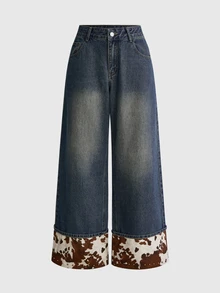 ROMWE Y2K Retro Cow Print Western Style Rivet Decor Loose Casual Low Waist Women's Jeans - Blue - View 8