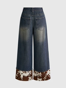 ROMWE Y2K Retro Cow Print Western Style Rivet Decor Loose Casual Low Waist Women's Jeans - Blue - View 9