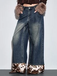 ROMWE Y2K Retro Cow Print Western Style Rivet Decor Loose Casual Low Waist Women's Jeans - Blue - View 5