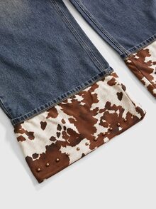 ROMWE Y2K Retro Cow Print Western Style Rivet Decor Loose Casual Low Waist Women's Jeans - Blue - View 11