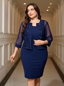 Reflora Plus Size Solid Color Fitted Sleeveless Dress With Embroidered Sheer Top 2 Pieces Set Fall - Navy Blue - View 2