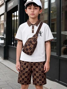 SHEIN 2件組青少年男孩休閒經典刺繡圖案對比色平織領 Polo 衫與運動短褲，適合秋冬春夏、戶外玩耍、上學、街頭穿搭、派對 - 白色 - 查看 5