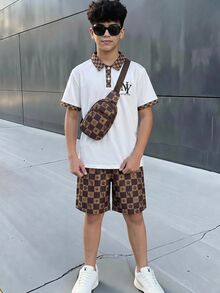 SHEIN 2件組青少年男孩休閒經典刺繡圖案對比色平織領 Polo 衫與運動短褲，適合秋冬春夏、戶外玩耍、上學、街頭穿搭、派對 - 白色 - 查看 4