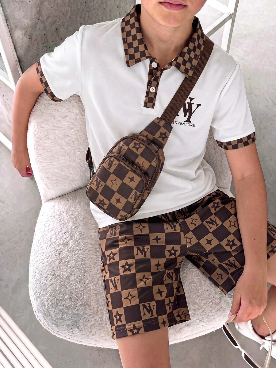 SHEIN 2件組青少年男孩休閒經典刺繡圖案對比色平織領 Polo 衫與運動短褲，適合秋冬春夏、戶外玩耍、上學、街頭穿搭、派對 - 白色 - 查看 1