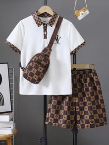 SHEIN 2件組青少年男孩休閒經典刺繡圖案對比色平織領 Polo 衫與運動短褲，適合秋冬春夏、戶外玩耍、上學、街頭穿搭、派對 - 白色 - 查看 2