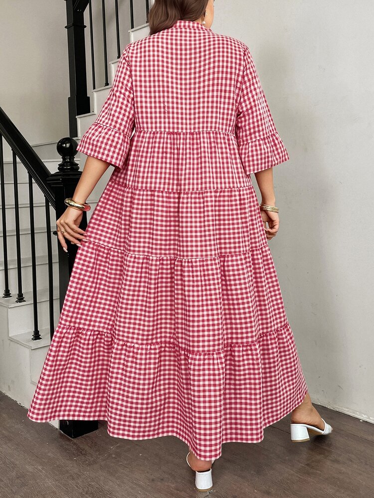 Easowa Curve Plus Size Women's Notched V-Neck Plaid Casual 1920 Vintage Corset 1920s Party Brunch Birthday Summer Dress Fall All White - Red and White - View 3