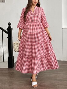 Easowa Curve 大尺碼女款缺口V領格紋休閒1920年代復古束腰連身裙，適合派對、早午餐、生日，夏季秋季穿著，全白 - 紅白色 - 查看 5