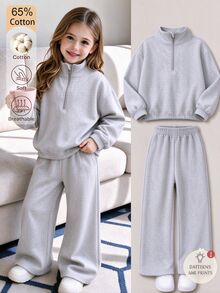 SHEIN 2pcs Young Girl Knit Sweatshirt Single-Sided Fleece Half-Zip Top Casual Classic Versatile Light Gray 2 Pieces Set Autumn Winter - Light Grey - View 2