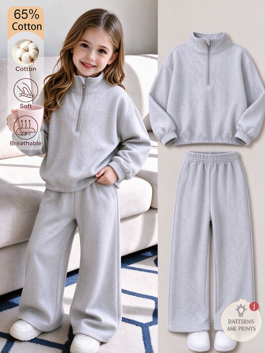 SHEIN 2pcs Young Girl Knit Sweatshirt Single-Sided Fleece Half-Zip Top Casual Classic Versatile Light Gray 2 Pieces Set Autumn Winter