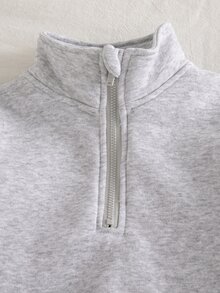 SHEIN 2pcs Young Girl Knit Sweatshirt Single-Sided Fleece Half-Zip Top Casual Classic Versatile Light Gray 2 Pieces Set Autumn Winter - Light Grey - View 5