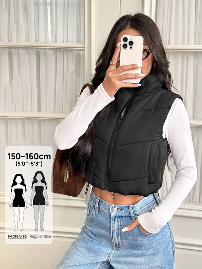 SHEIN PETITE Winter Zip Up Double Face Snap Button Corduroy Drawstring Vest Coat