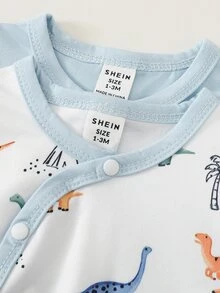 SHEIN 2件裝新生兒男嬰連身衣褲 可愛淺藍色白色恐龍印花 側開扣長袖圓領 常規款 適合戶外野餐 秋季 舒適保暖 - 淺藍色 - 查看 7