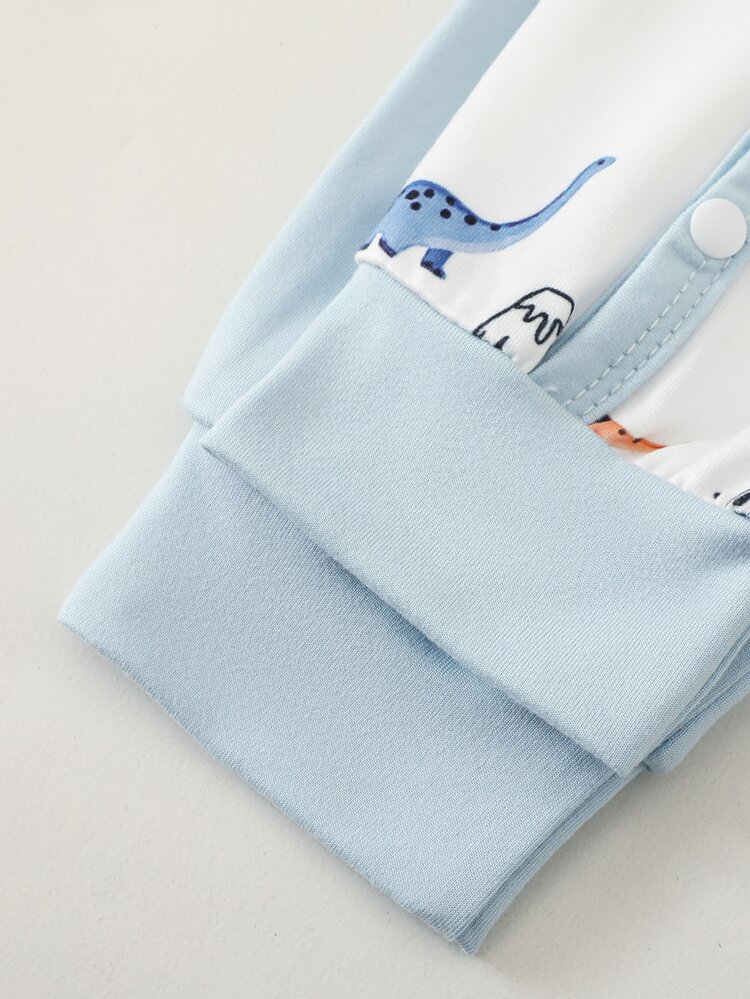 SHEIN 2pcs Newborn Baby Boy Romper Jumpsuit Cute Light Blue White Dinosaur Print Side Snap Long Sleeve Round Neck Regular Outdoor Picnic Fall Baby Blue Cozy - Baby Blue - View 8