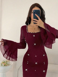 Modelyn 女士春夏黑色长袖串珠雪纺喇叭袖A字连衣裙 - 酒紅色 - 查看 7
