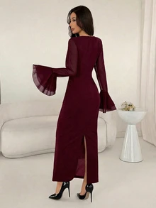 Modelyn 女士春夏黑色长袖串珠雪纺喇叭袖A字连衣裙 - 酒紅色 - 查看 2