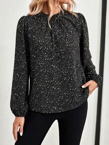 Faunlyn Elegant Casual Long Sleeve Shimmer Blouse Elegant Women's Blouses - Black - View 5