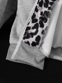 SHEIN 青少年女孩短款連帽拉鍊夾克，灰色寬鬆落肩開襟外套，豹紋對比連帽內裡，休閒街頭風可愛袋鼠口袋 - 灰色 - 查看 8