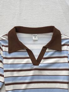 SHEIN Tween Girls Autumn/Winter Casual Retro Preppy Knit Blue & White Striped Colorblock POLO Collar Ruched Waist Long Sleeve Slim Fit T-Shirt, Suitable For Back To School And Daily Wear - Blue and White - View 3