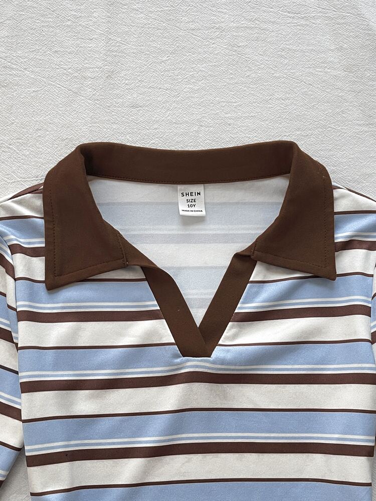 SHEIN Tween Girls Autumn/Winter Casual Retro Preppy Knit Blue & White Striped Colorblock POLO Collar Ruched Waist Long Sleeve Slim Fit T-Shirt, Suitable For Back To School And Daily Wear - Blue and White - View 3