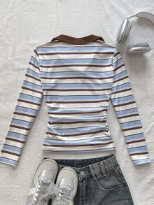 SHEIN Tween Girls Autumn/Winter Casual Retro Preppy Knit Blue & White Striped Colorblock POLO Collar Ruched Waist Long Sleeve Slim Fit T-Shirt, Suitable For Back To School And Daily Wear - Blue and White - View 2