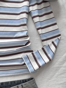 SHEIN Tween Girls Autumn/Winter Casual Retro Preppy Knit Blue & White Striped Colorblock POLO Collar Ruched Waist Long Sleeve Slim Fit T-Shirt, Suitable For Back To School And Daily Wear - Blue and White - View 5