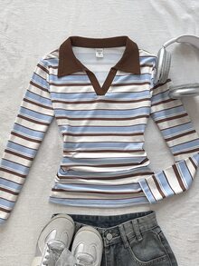 SHEIN Tween Girls Autumn/Winter Casual Retro Preppy Knit Blue & White Striped Colorblock POLO Collar Ruched Waist Long Sleeve Slim Fit T-Shirt, Suitable For Back To School And Daily Wear - Blue and White - View 1