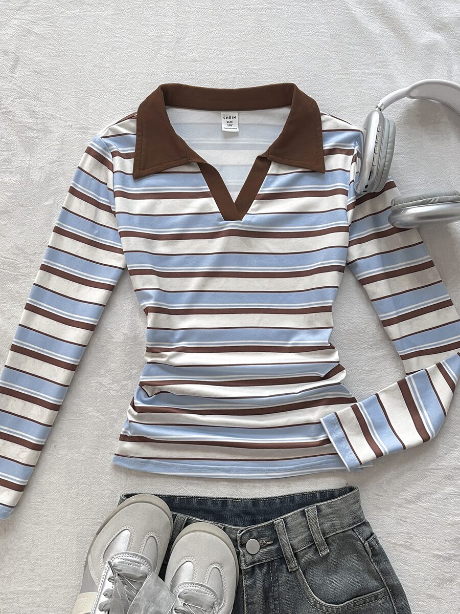 SHEIN Tween Girls Autumn/Winter Casual Retro Preppy Knit Blue & White Striped Colorblock POLO Collar Ruched Waist Long Sleeve Slim Fit T-Shirt, Suitable For Back To School And Daily Wear - Blue and White - View 1