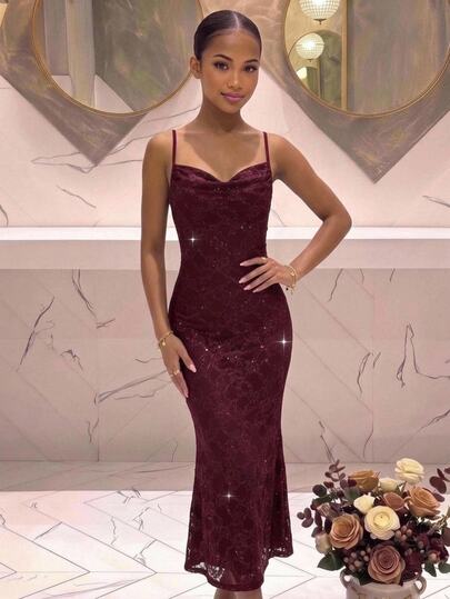 Pitira Kids Teen Girls Floral Lace Cowl Neck Fitted Elegant Cute Spaghetti Strap Dress Wedding Formal Dinner Burgundy Summer,Spring Festival, Christmas