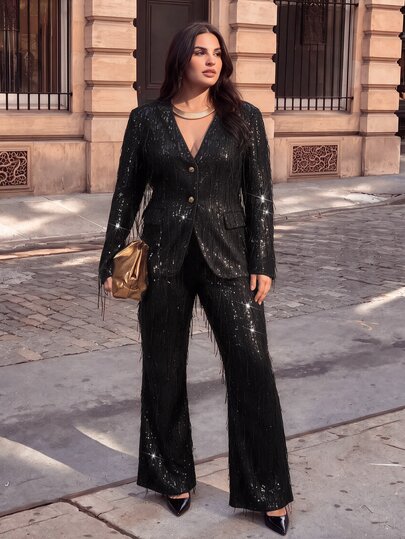 SHEIN BAE CURVE These Stunning, Shimmering Women's Trousers Feature A Slim, Tailored Fit And A Design Adorned With Sparkling Sequins-An Ideal Choice For Festive