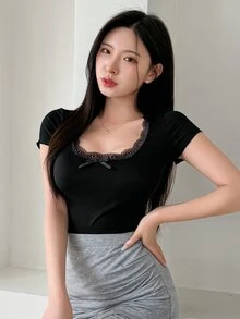 DAZY Women Summer Slim Fit Short Sleeve T-Shirt With Contrast Lace And Bow Decoration Going Out Tops Cute Tops - Black - View 12