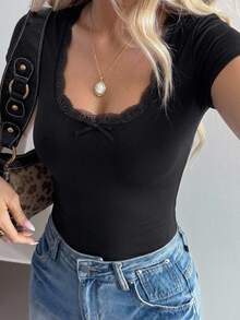 DAZY Women Summer Slim Fit Short Sleeve T-Shirt With Contrast Lace And Bow Decoration Going Out Tops Cute Tops - Black - View 3