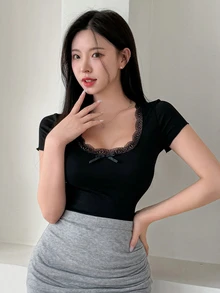 DAZY Women Summer Slim Fit Short Sleeve T-Shirt With Contrast Lace And Bow Decoration Going Out Tops Cute Tops - Black - View 7