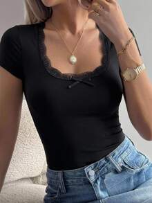 DAZY Women Summer Slim Fit Short Sleeve T-Shirt With Contrast Lace And Bow Decoration Going Out Tops Cute Tops - Black - View 6