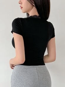 DAZY Women Summer Slim Fit Short Sleeve T-Shirt With Contrast Lace And Bow Decoration Going Out Tops Cute Tops - Black - View 2