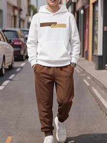 SHEIN 2pcs Kids Tween Boy Casual Daily Versatile Comfortable Printed Pattern Hoodie Loose Pullover Long Sleeve Sweatshirt Jogger Loose Sweatpants Knit Sweatshirt Set 2 Pieces Outfit Suitable For Autumn/Winter - Khaki - View 4