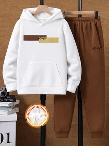 SHEIN 2pcs Kids Tween Boy Casual Daily Versatile Comfortable Printed Pattern Hoodie Loose Pullover Long Sleeve Sweatshirt Jogger Loose Sweatpants Knit Sweatshirt Set 2 Pieces Outfit Suitable For Autumn/Winter - Khaki - View 2