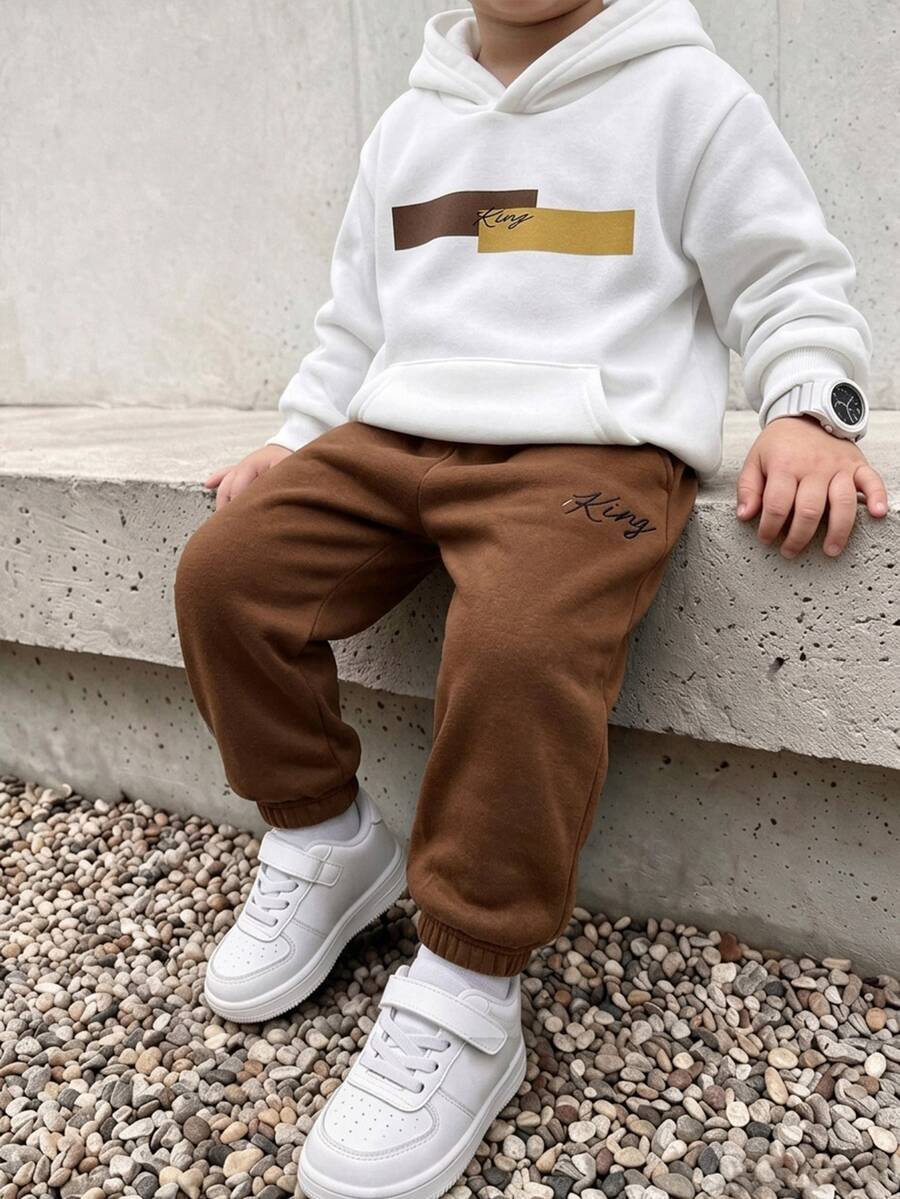 SHEIN 2pcs Kids Tween Boy Casual Daily Versatile Comfortable Printed Pattern Hoodie Loose Pullover Long Sleeve Sweatshirt Jogger Loose Sweatpants Knit Sweatshirt Set 2 Pieces Outfit Suitable For Autumn/Winter - Khaki - View 1