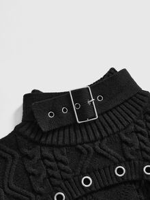 ROMWE Grunge Punk Punk High Neck Cropped Chunky Knit Eyelet Lace-Up Sweater For Women - Black - View 9
