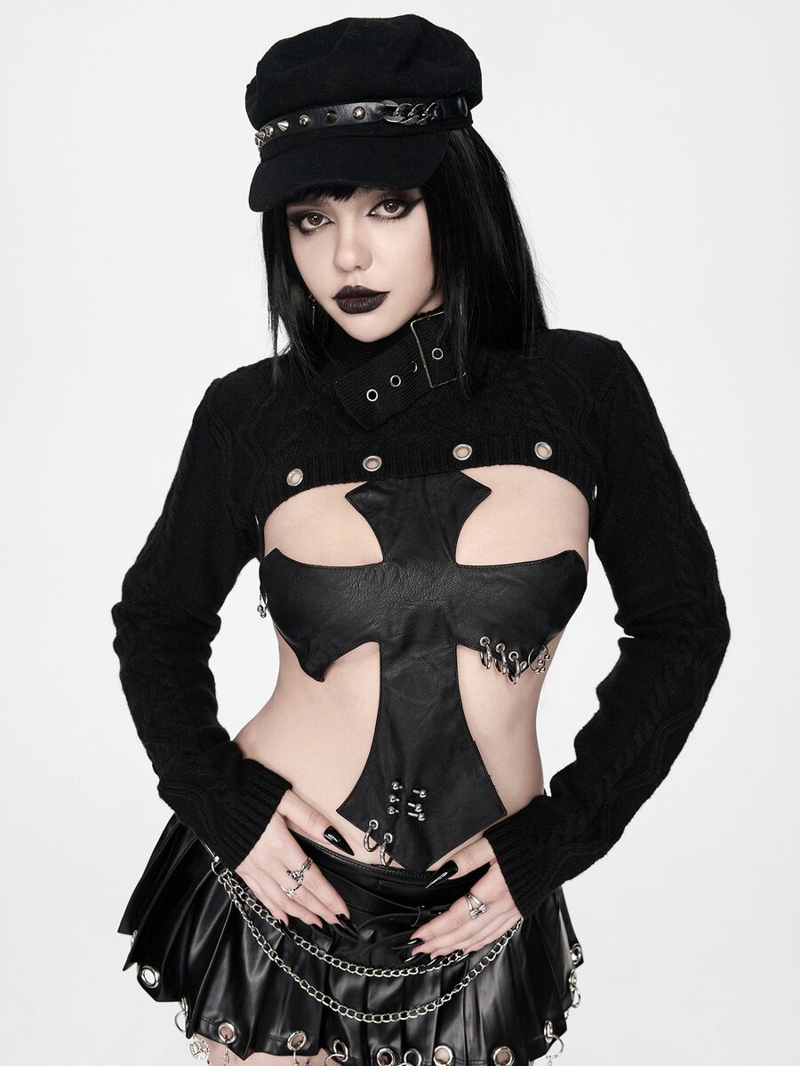 ROMWE Grunge Punk Punk High Neck Cropped Chunky Knit Eyelet Lace-Up Sweater For Women - Black - View 1