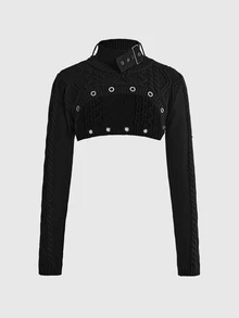 ROMWE Grunge Punk Punk High Neck Cropped Chunky Knit Eyelet Lace-Up Sweater For Women - Black - View 7