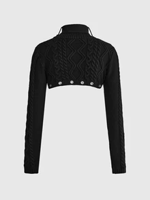 ROMWE Grunge Punk Punk High Neck Cropped Chunky Knit Eyelet Lace-Up Sweater For Women - Black - View 8