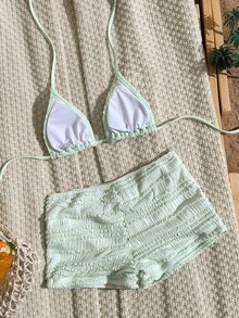 Summer Spring New Multi-Color Goose Yellow Textured Fabric Ocean Starfish Accessory Trim Straight Leg Pants Halter Neck Tie-Up Beach Vacation Women's Two Pieces Swimwear Set - Mint Green - View 2