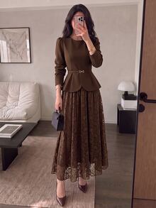Modelyn Spring/Autumn Elegant Fashion Commute Gentle Style Waist-Cinching Slimming Lace Flared Skirt Concealing Flaws Women's 2-Piece Set - Brown - View 14