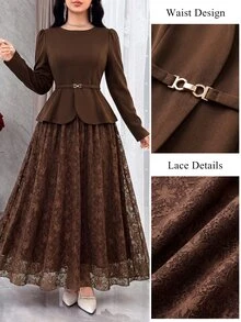 Modelyn Spring/Autumn Elegant Fashion Commute Gentle Style Waist-Cinching Slimming Lace Flared Skirt Concealing Flaws Women's 2-Piece Set - Brown - View 15