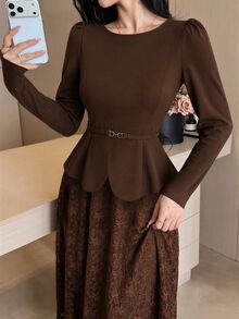Modelyn Spring/Autumn Elegant Fashion Commute Gentle Style Waist-Cinching Slimming Lace Flared Skirt Concealing Flaws Women's 2-Piece Set - Brown - View 8