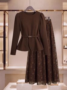 Modelyn Spring/Autumn Elegant Fashion Commute Gentle Style Waist-Cinching Slimming Lace Flared Skirt Concealing Flaws Women's 2-Piece Set - Brown - View 10