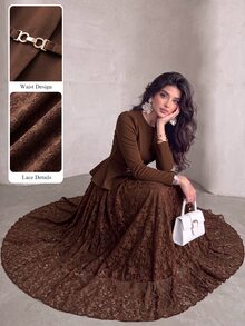 Modelyn Spring/Autumn Elegant Fashion Commute Gentle Style Waist-Cinching Slimming Lace Flared Skirt Concealing Flaws Women's 2-Piece Set - Brown - View 6