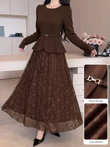 Modelyn Spring/Autumn Elegant Fashion Commute Gentle Style Waist-Cinching Slimming Lace Flared Skirt Concealing Flaws Women's 2-Piece Set - Brown - View 5